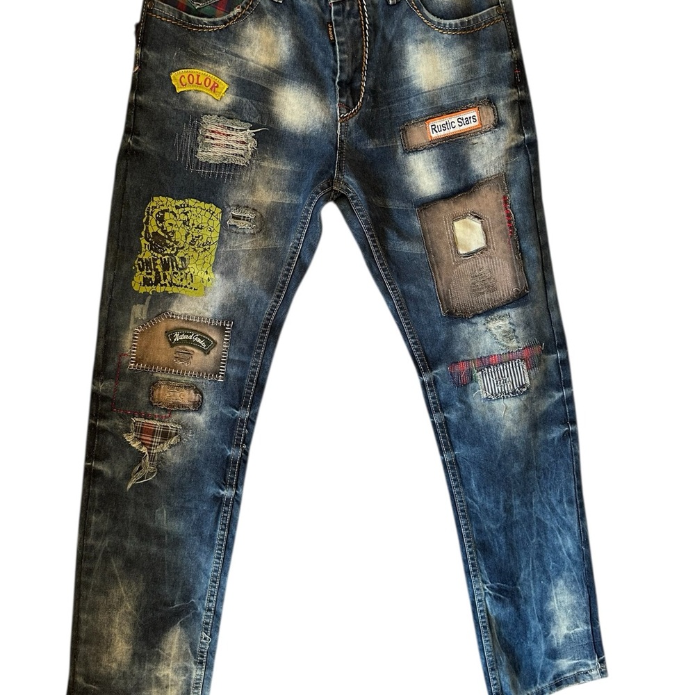 Paul YONGBAZHE Men's Distressed Blue Patchwork Jeans Size 32
